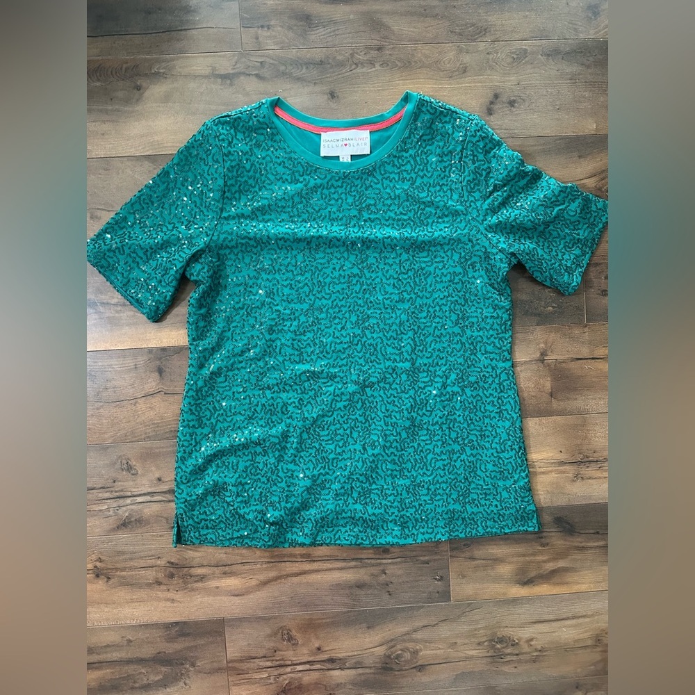 Isaac Mizrahi Live Selma Blair Teal Sequin Top Blouse Shirt Size Large
